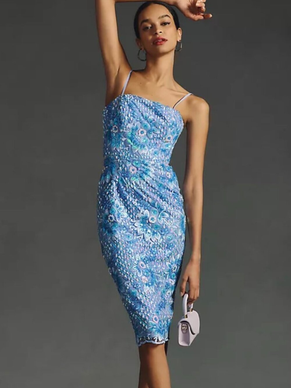 Dress The Population "Josselyn" Beaded & Sequin Blue Midi-Dress, XS